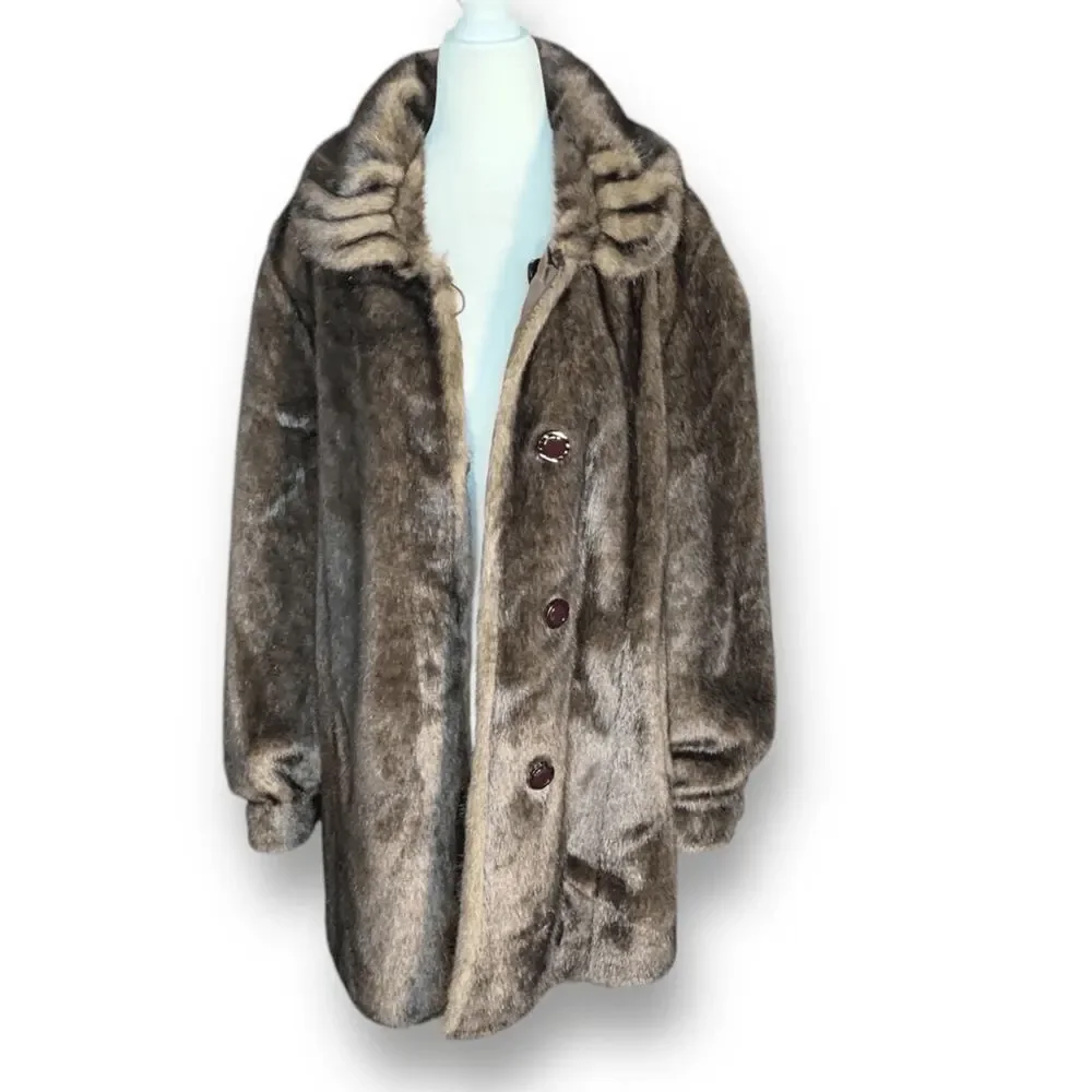Vintage Reversible Brown Faux Fur Coat Satin Lining‎ Button Front Large Winter